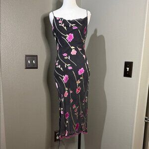 Betsey Johnson Black Midi Dress with Pink Floral Design silk beaded vintage